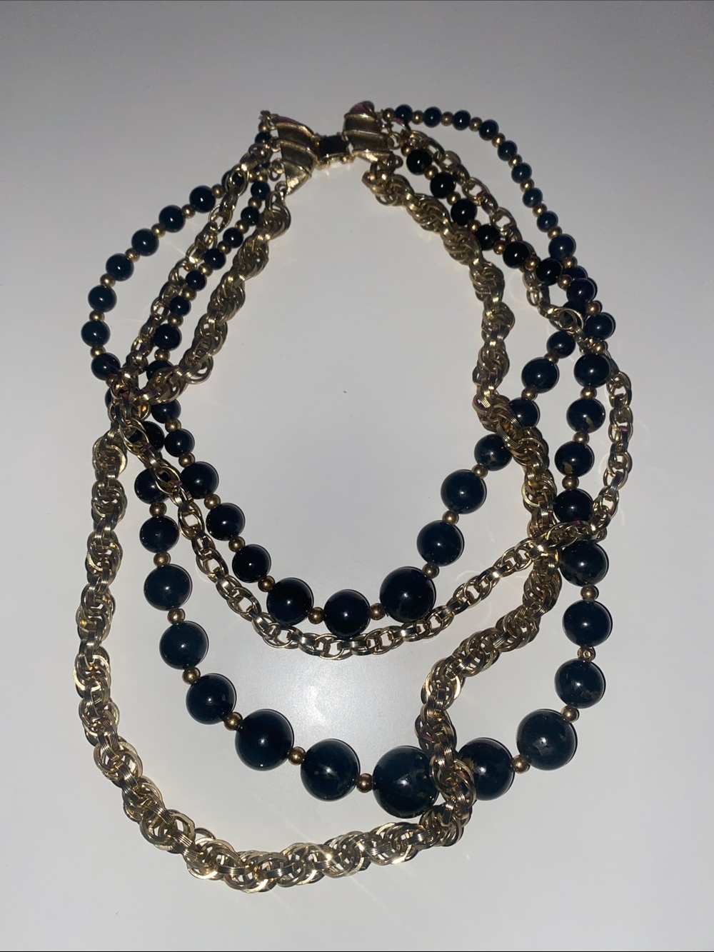 Multi-Strand Gold Chain and Black Bead Necklace - Women's Jewelry
